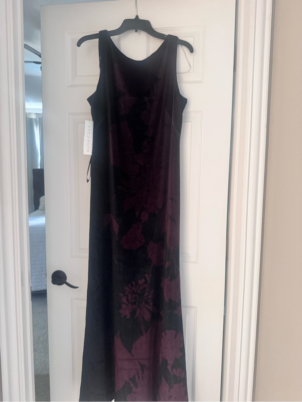 Kay Unger Black Maxi Dress with Deep Plum Floral Print